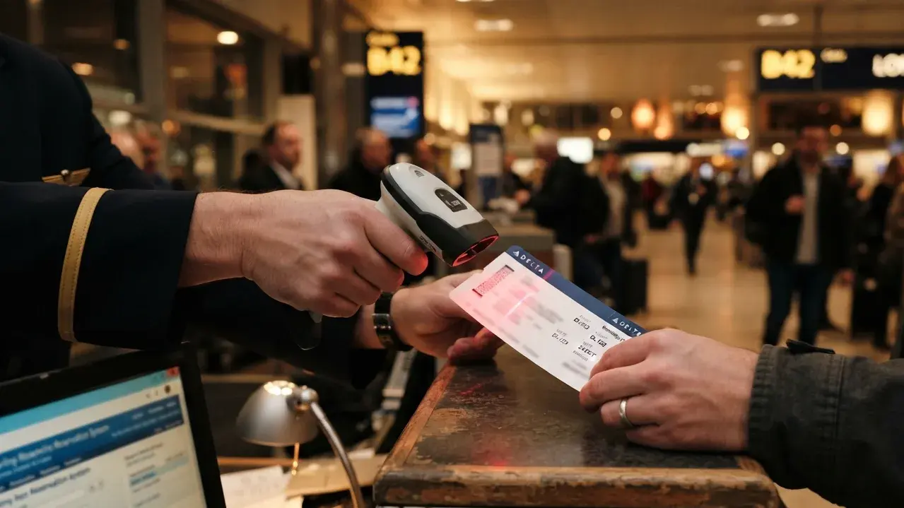 Ground staff reviewing onward ticket reservation details