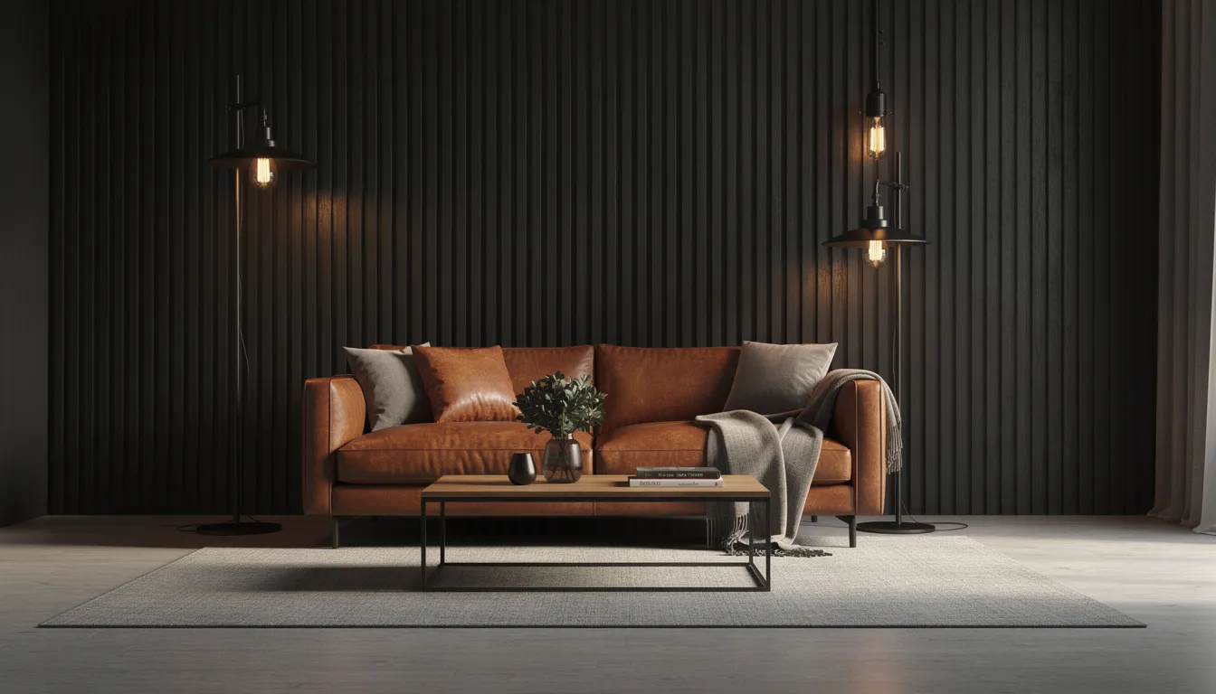 Een stijlvol ingerichte zithoek met een cognac leren bank, omringd door donkere wandpanelen die een rustgevende sfeer creëren. De industriële verlichting voegt karakter toe aan de ruimte, terwijl de akoestische panelen de akoestiek verbeteren en geluid dempen.