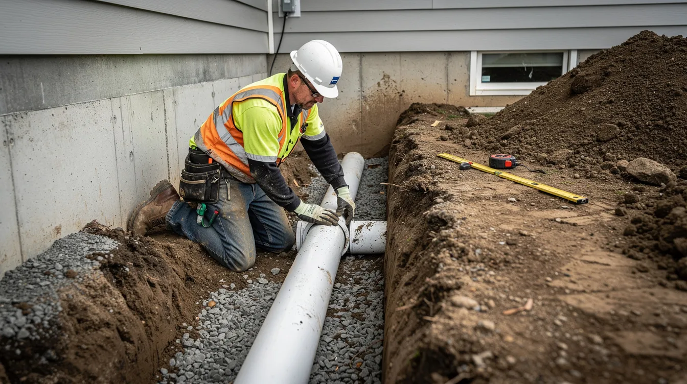 A worker is installing an underground PVC drainage pipe in a trench next to a residential foundation, ensuring proper water management to protect the property from potential water damage. This installation is part of a project aimed at providing effective downspout drainage solutions in the Pueblo area.