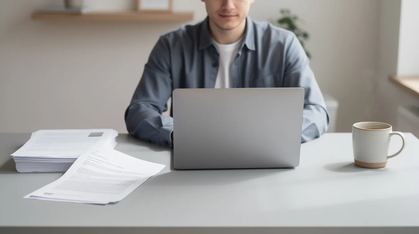 A person is sitting at a clean desk, focused on their laptop, surrounded by paper documents and a coffee mug, suggesting a productive environment for tasks such as editing PDF documents or working on a Word document. The scene conveys a sense of organization and readiness to begin editing files or utilizing online PDF editing tools.
