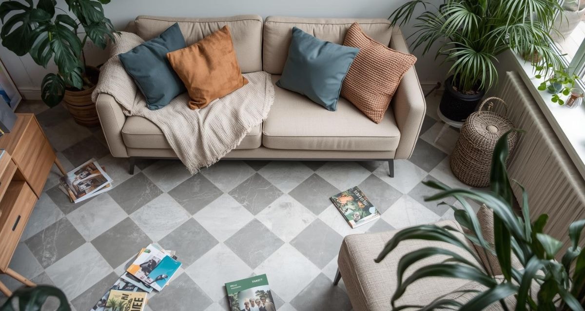 Checkerboard tiles in a living room