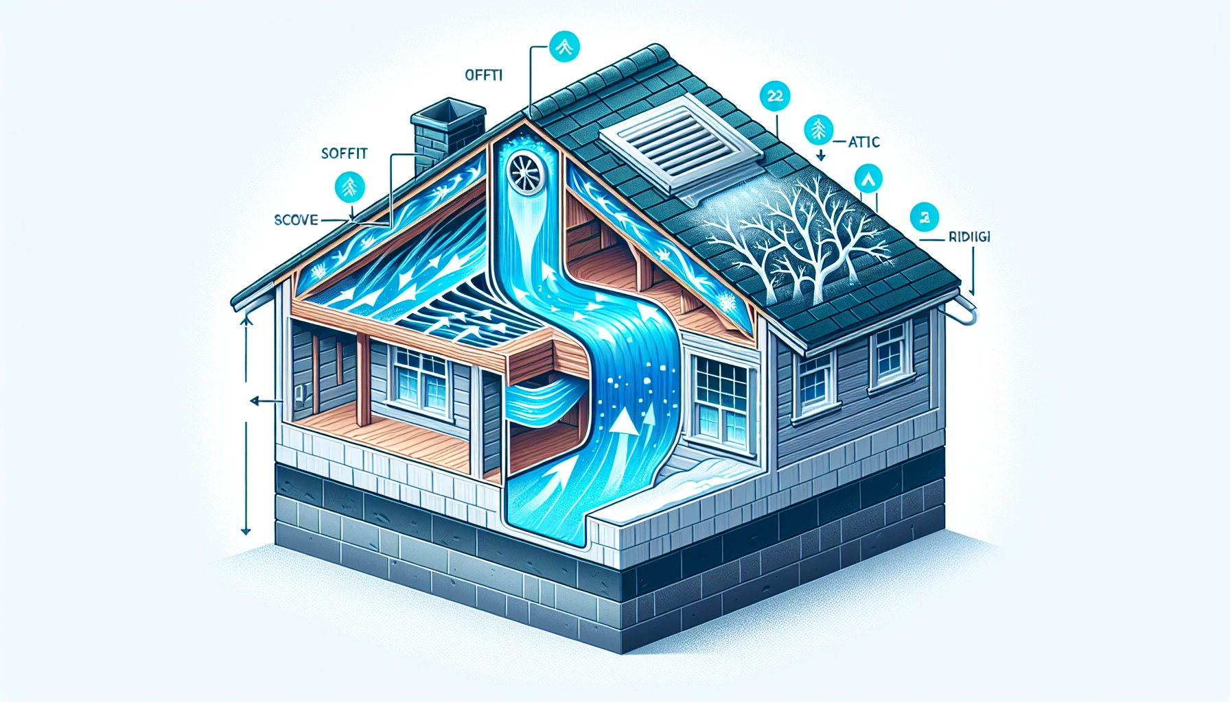 Illustration of roof and attic ventilation systems maintaining a cold roof to reduce ice dam formation