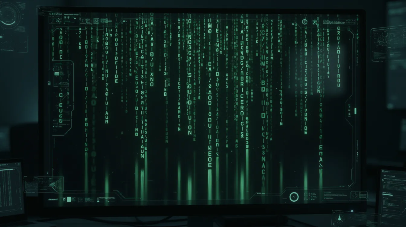 Auf dem dunklen Bildschirm laufen vertikale, futuristische grüne Code-Zeichen, die eine Cyberpunk-Ästhetik vermitteln. Diese visuelle Darstellung erinnert an Science-Fiction-Filme und ihre faszinierenden Geschichten, die in den besten Filmen der 90er Jahre zu finden sind.