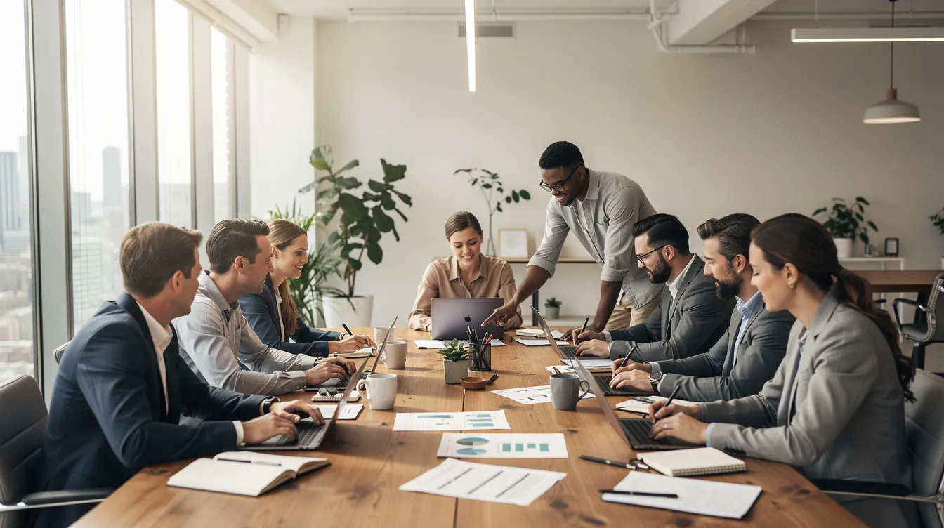 Une image montre un groupe diversifié de professionnels collaborant autour d'une grande table dans un bureau moderne et lumineux, avec des ordinateurs portables et des carnets. Cette scène illustre bien le travail d'équipe et la collaboration au sein d'une entreprise, favorisant le développement personnel et l'atteinte des objectifs communs.