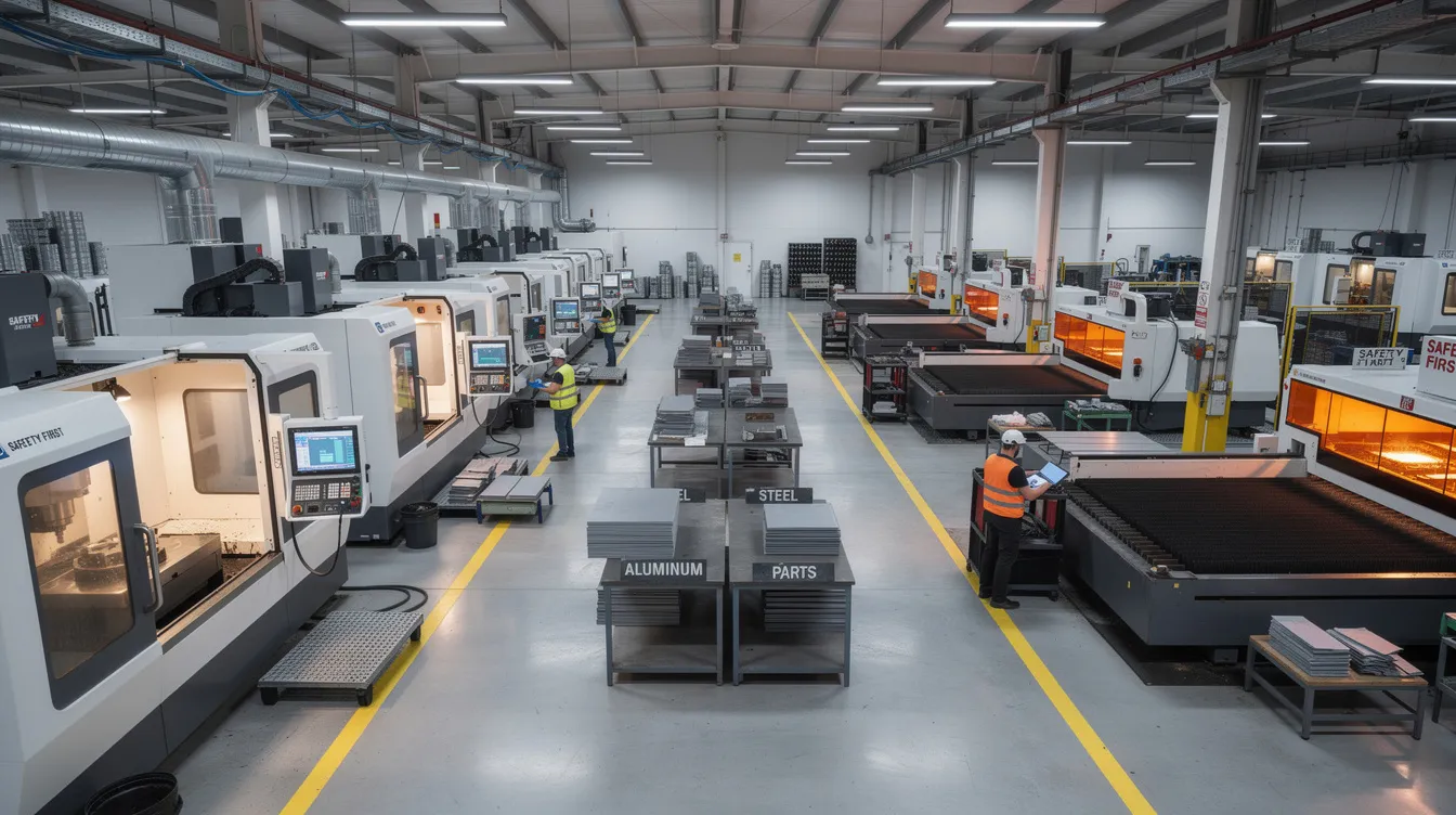 The image depicts a spacious factory floor filled with rows of advanced CNC machines, laser cutters, and organized sheet metal workstations, showcasing the precision sheet metal fabrication process. This industrial setting highlights the use of high-tech equipment for producing high-quality sheet metal parts and custom metal fabrication solutions for various industries.