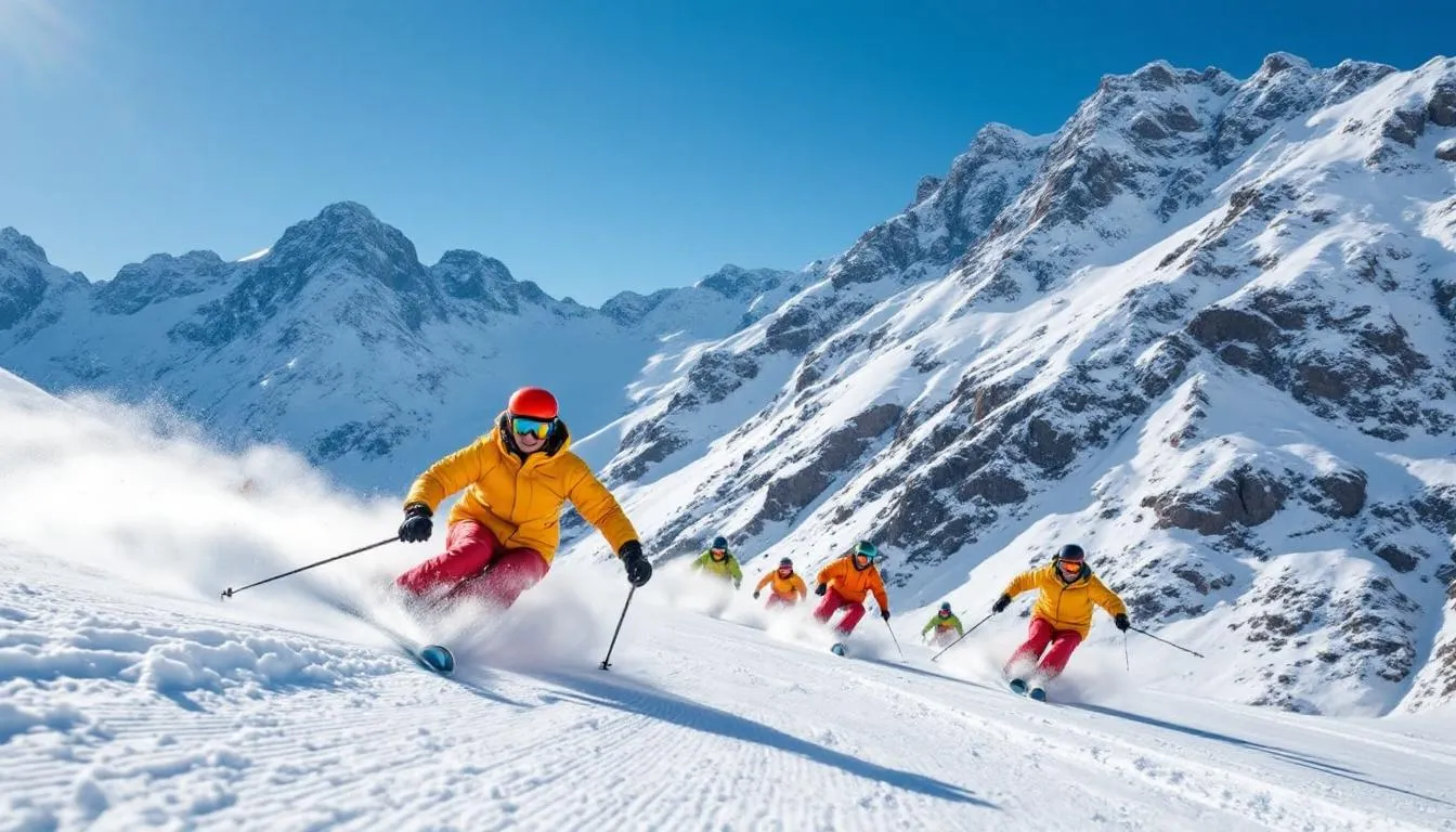 The image depicts skiers enjoying winter sports on the snowy slopes of Oukaimeden, with the majestic Atlas Mountains rising in the background, showcasing the beauty of Morocco's mountainous regions during the ski season. The scene captures the thrill of skiing amidst heavy snowfall and snowy peaks, inviting many travelers to explore this unique ski resort.
