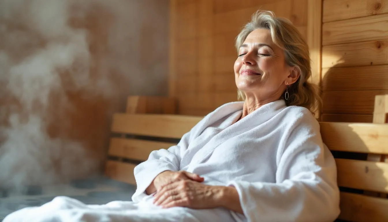 A middle-aged woman is relaxing in a traditional Finnish sauna room, enjoying the health benefits of sauna bathing. The warm environment promotes cardiovascular health by enhancing blood flow and may help reduce blood pressure during her sauna session.
