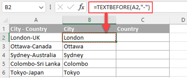 How to split cells in Excel using the TEXTBEFORE function
