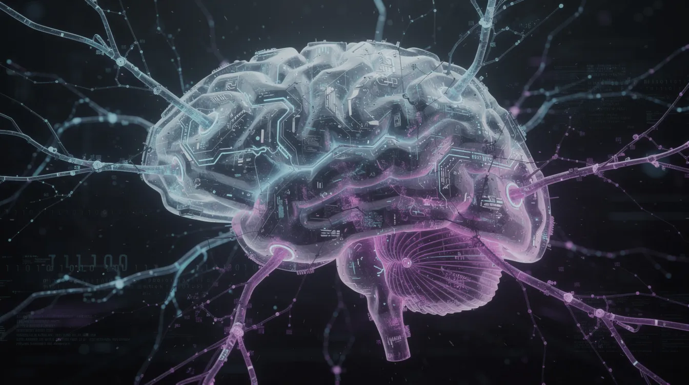 The image features an abstract visualization of a digital brain, showcasing glowing neural pathways and interconnected nodes, symbolizing the complex architecture of large language models and neural networks. This representation highlights the intricate relationships and data flow within generative models, illustrating the deep learning processes involved in natural language processing.