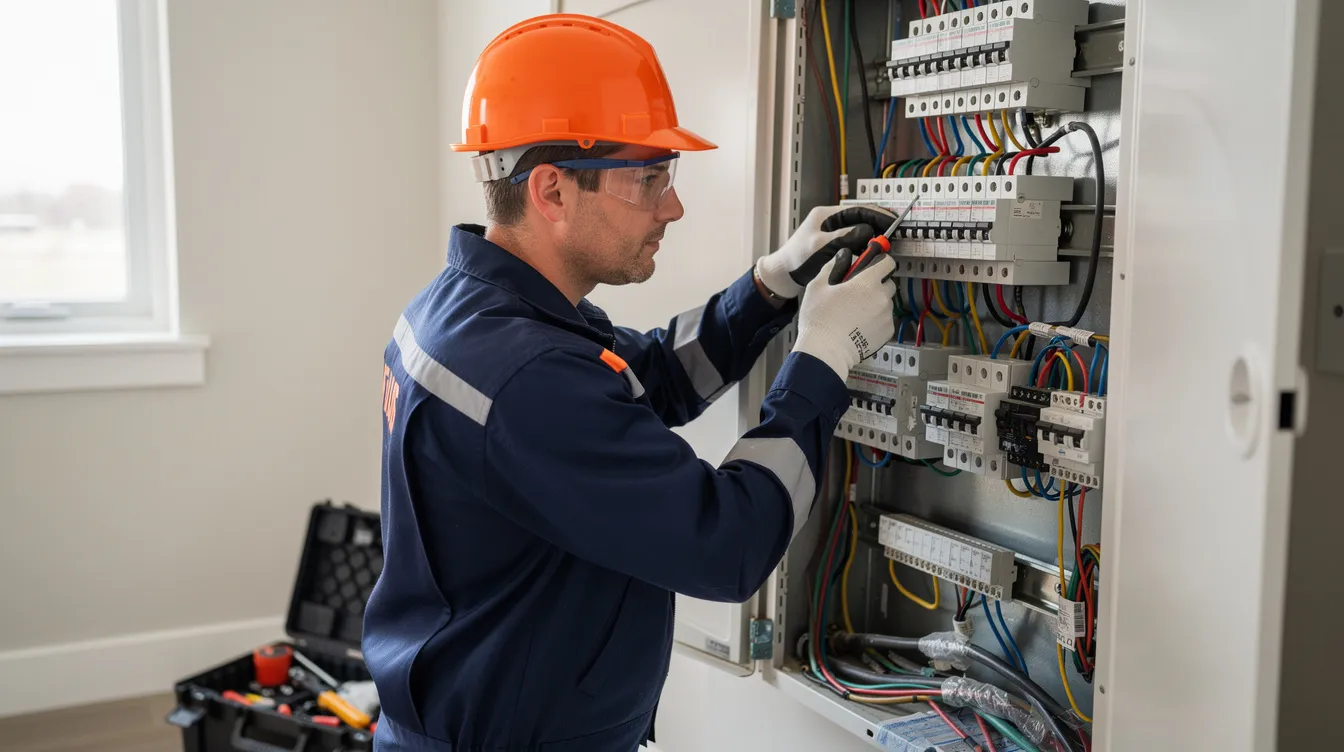 An electrician in safety gear is diligently working on a residential electrical panel, ensuring safe and efficient electrical connections. The scene highlights the importance of proper safety measures in home electrical systems, reflecting a commitment to both functionality and user safety.