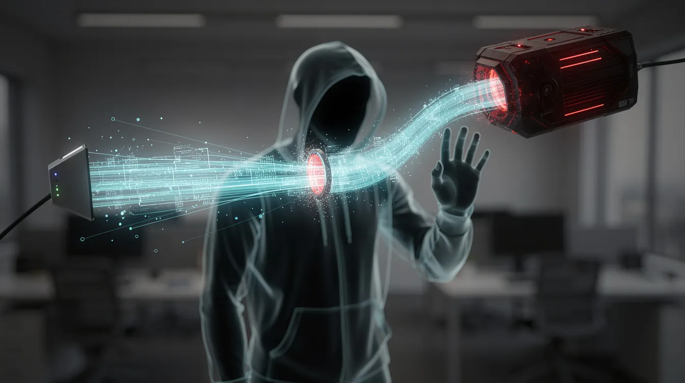 The image features a glowing cyan digital data stream flowing between two abstract terminals in a dimly lit office setting, with a shadowy hooded figure intercepting a segment of the stream and redirecting it into a dark red vessel, symbolizing an eavesdropping attack. This visual representation highlights the hidden threats posed by cyber attacks that aim to steal sensitive data from computer networks.