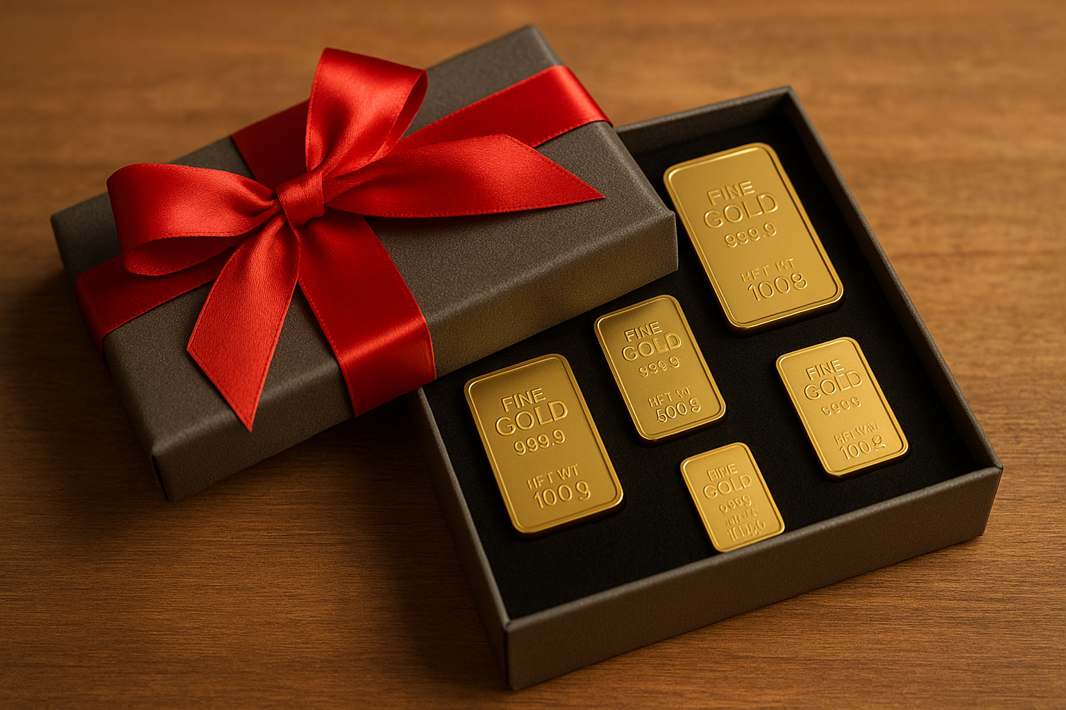 Skirtingo svorio auksiniai luitai, išdėstyti dėžutėje