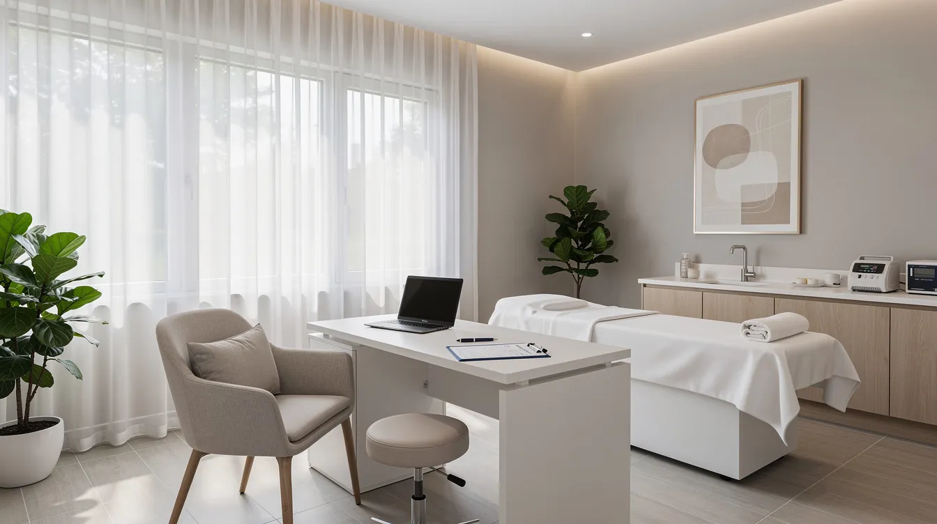 The image depicts a calm and serene medical spa consultation room, thoughtfully arranged for a patient visit. The space is equipped with modern amenities, reflecting the advanced laser technology used for skin rejuvenation and skin tightening treatments, such as the endolift procedure, which aims to stimulate collagen production for a youthful appearance.
