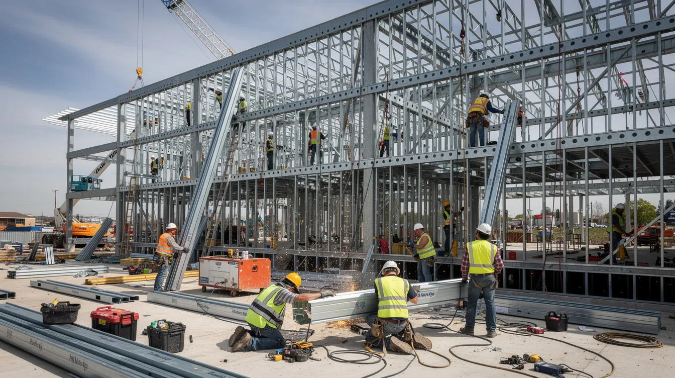 A group of skilled tradespeople is seen installing steel framing on a large commercial building, showcasing the teamwork and precision required in construction projects. This scene highlights the importance of effective project management and accurate construction forecasting to ensure project profitability and overcome labor shortages.