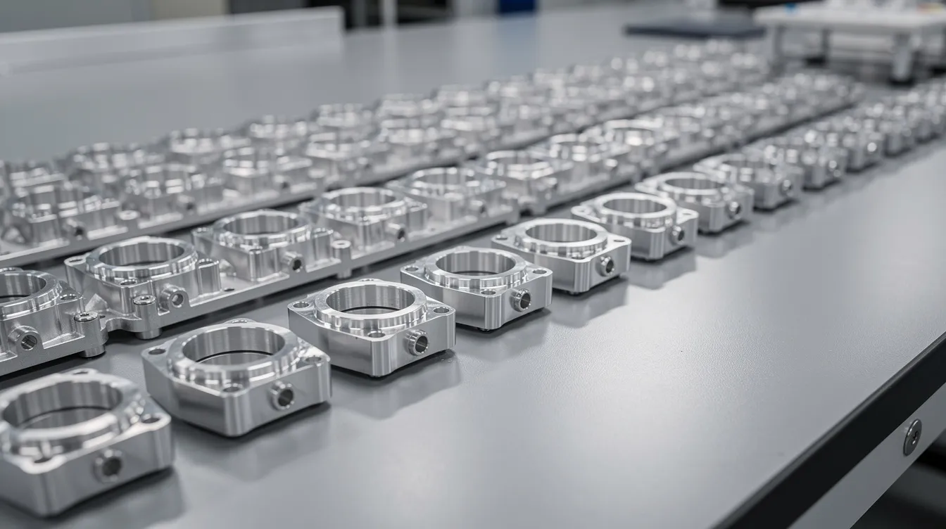 The image features rows of precision aluminum die cast parts with polished surfaces meticulously arranged on an inspection table, showcasing Anbon's commitment to exceptional quality and precision manufacturing. These machined components highlight the company's expertise in delivering industrial-grade machining and rapid prototyping solutions for various industries.