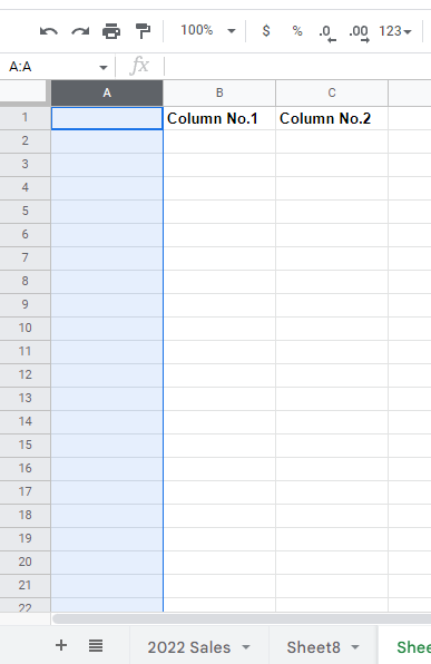 Google Sheets will automatically add a column on the left.