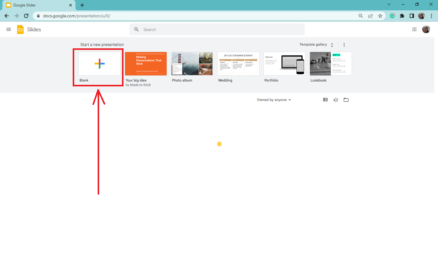 Click the blank presentation on your Google Slides tab.