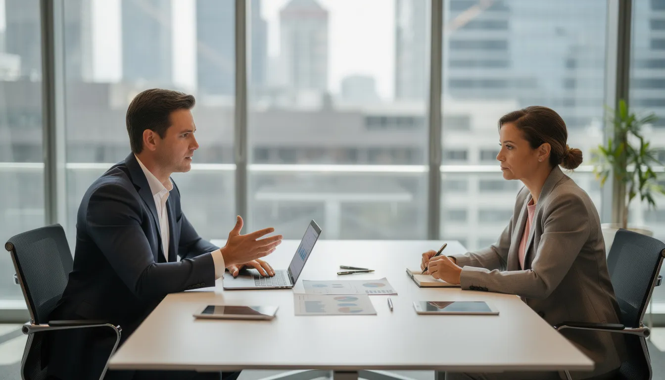 A professional advisor is seated at a conference table with a business owner, discussing various retirement plans, including defined contribution plans and defined benefit plans. They are reviewing the advantages of different retirement savings accounts, such as 401(k) and SEP IRA, to help the business owner understand the best options for securing retirement income and maximizing employer contributions.