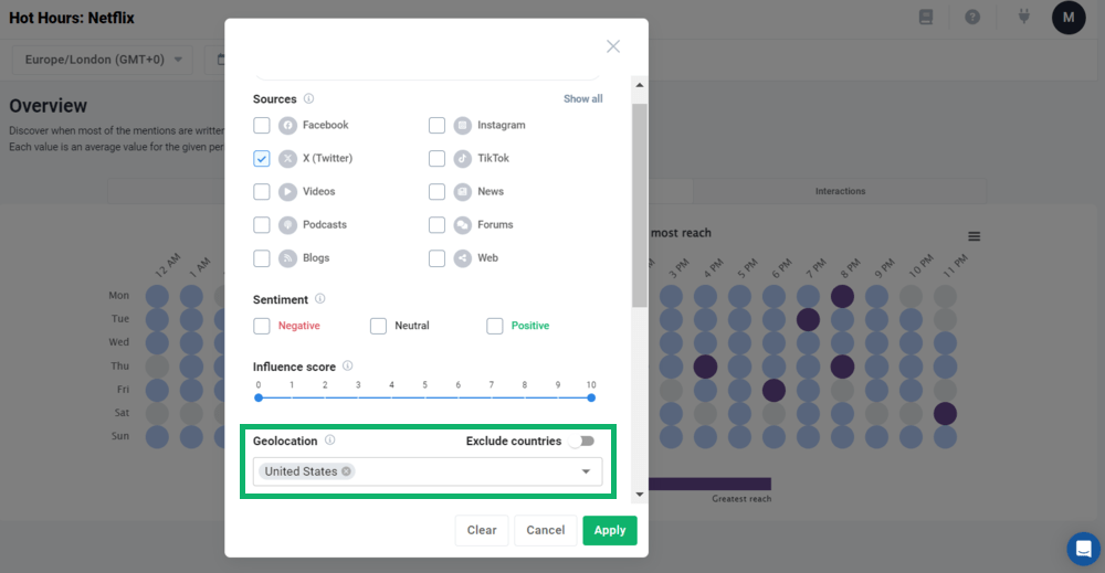 Setting geolocation to get the most accurate results in Brand24, the best tool to determine time to post on X (Twitter)