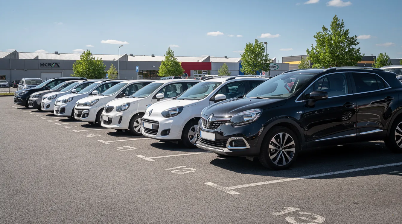 Un parking extérieur à Casablanca Anfa présente une variété de voitures, notamment des citadines blanches et des SUV noirs, alignées sous un ciel bleu éclatant. Cet espace est idéal pour la location de voitures, offrant un large choix de véhicules pour les clients souhaitant explorer la ville.