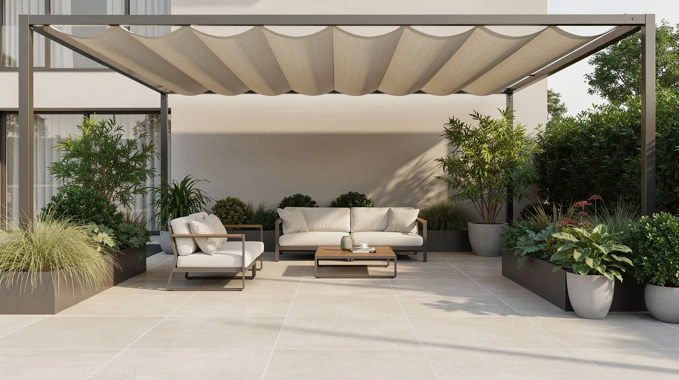 The image depicts an inviting outdoor seating area featuring light porcelain tiles, surrounded by lush plants and shaded furniture, perfect for enjoying the outdoors. The design emphasizes durability and low maintenance, making it ideal for outdoor spaces.