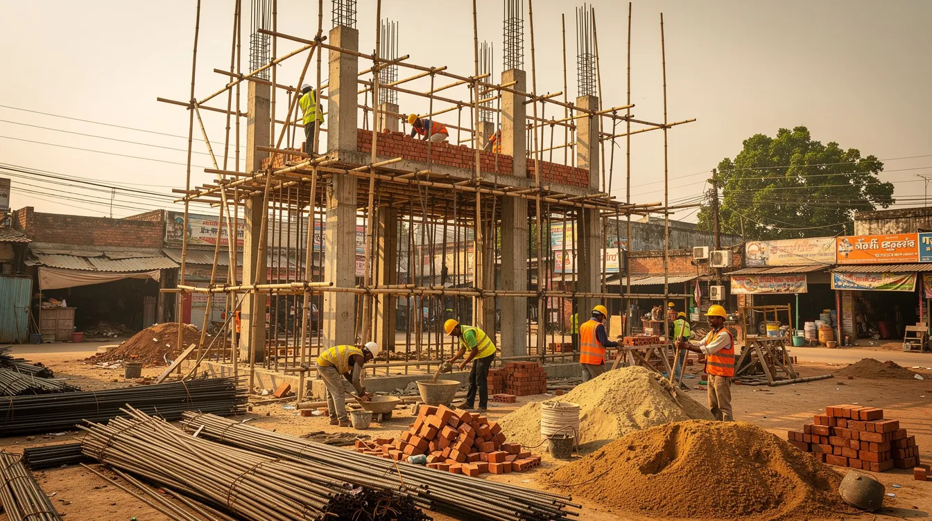 652df3c0 c43f 4a2c a226 3374bfd3ec59 The image depicts a bustling construction site in an Indian town, where workers are actively building a multi-storey structure intended for a new hotel project. The scene highlights the various aspects of hotel construction, including labor costs and material usage, essential for the hospitality industry.