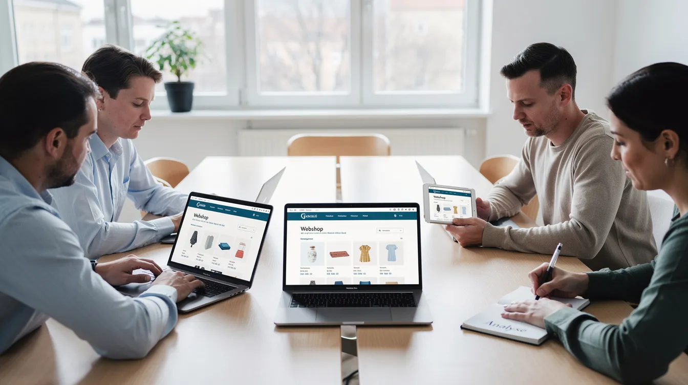 Billedet viser et team, der arbejder sammen om at gennemgå en webshop på både laptops og tablets. De diskuterer forskellige aspekter af e-handel og indholdsstyring ved hjælp af et moderne CMS-system.