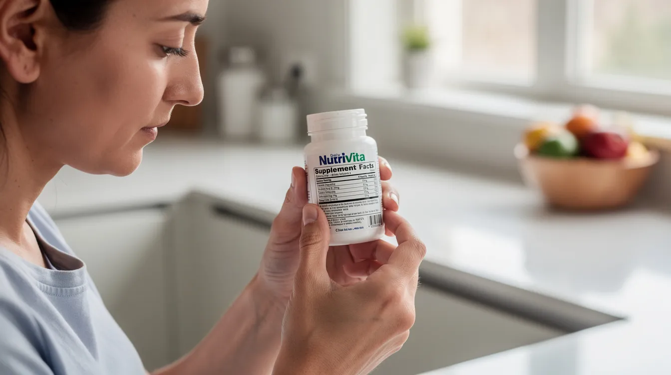 A parent is inspecting the label of a creatine supplement bottle, looking for information on its safety and effectiveness for their teen athlete. The label includes details about creatine monohydrate, its benefits for muscle mass and athletic performance, and recommendations for proper hydration and a balanced diet.
