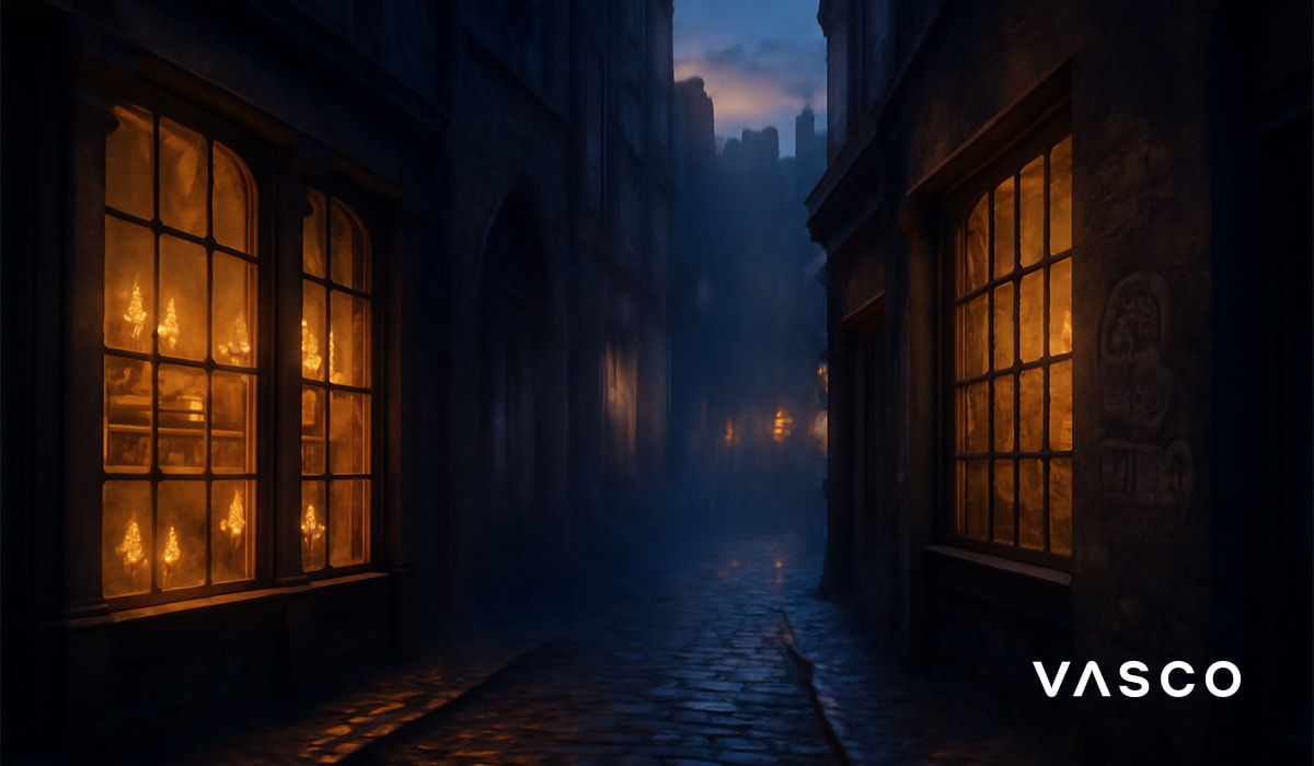 Une ruelle pavée sombre et étroite, bordée d'immeubles anciens, est éclairée par les fenêtres chaleureuses d'un magasin de chaque côté, sous un ciel nocturne.