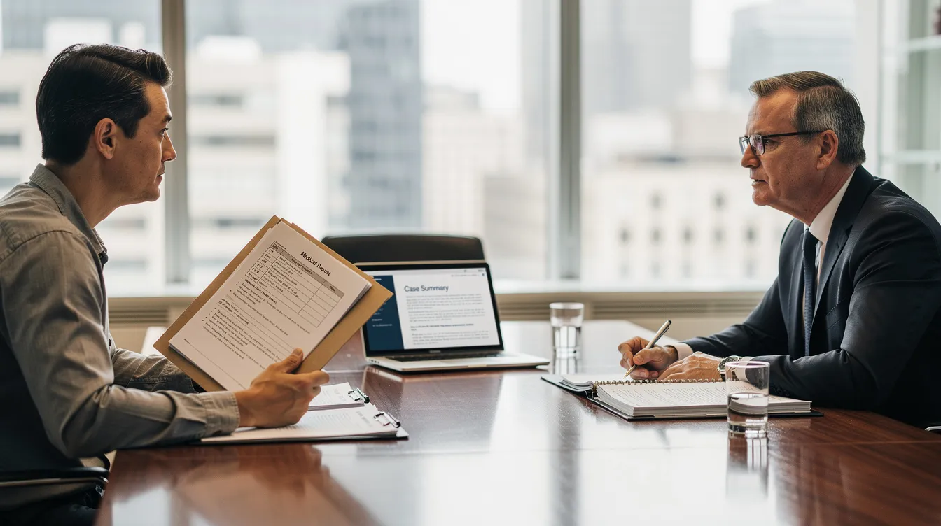 The image shows a person sitting at a conference table, holding a folder filled with medical documents while consulting with an attorney. This scene highlights the importance of addressing medical malpractice cases, particularly those involving delayed diagnosis or misdiagnosis of serious conditions like breast cancer or prostate cancer, as individuals seek to recover compensation for their medical expenses and lost wages.