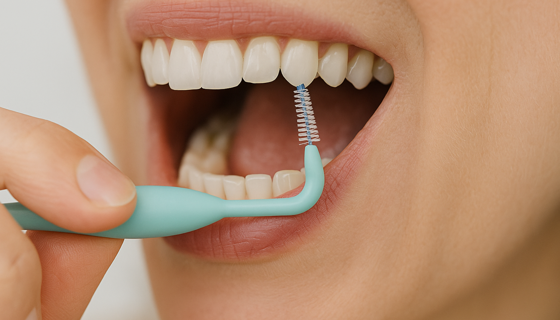 Rengjøringsbørste for tenner: Liten børste stor forskjell 10 Hånd som bruker mellomromsbørste for å rengjøre tenner på nært hold med fokus på god tannpleie. rengjøringsbørste produktet kjøp mer legg lager rengjøring inkludert børste pris bruk steder