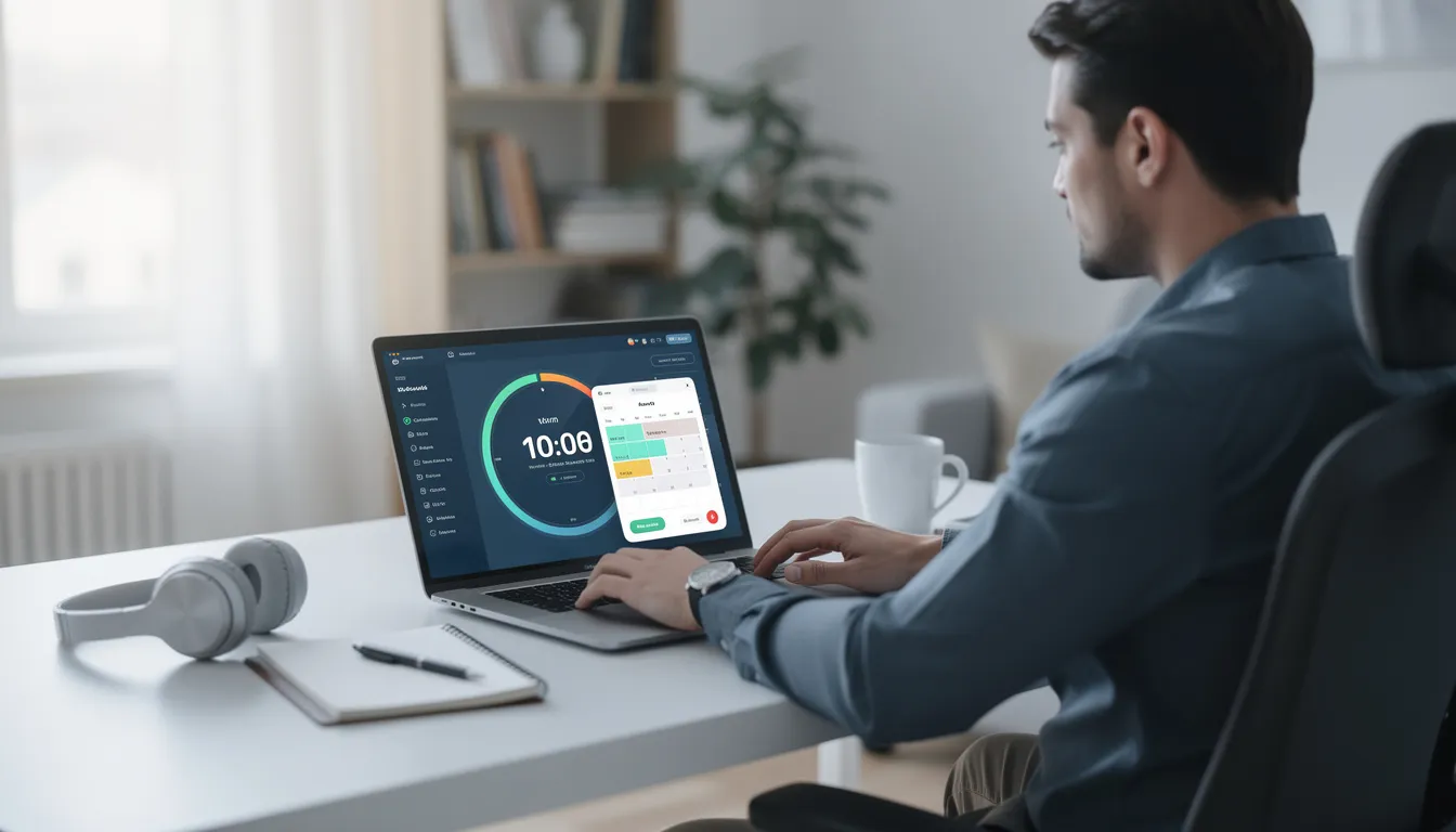 A professional is seen using a timer and a calendar app to effectively manage their time during a focused work session, employing time management techniques to prioritize tasks and eliminate distractions. This approach aids in maintaining productivity and successfully meeting deadlines while balancing personal life and daily responsibilities.