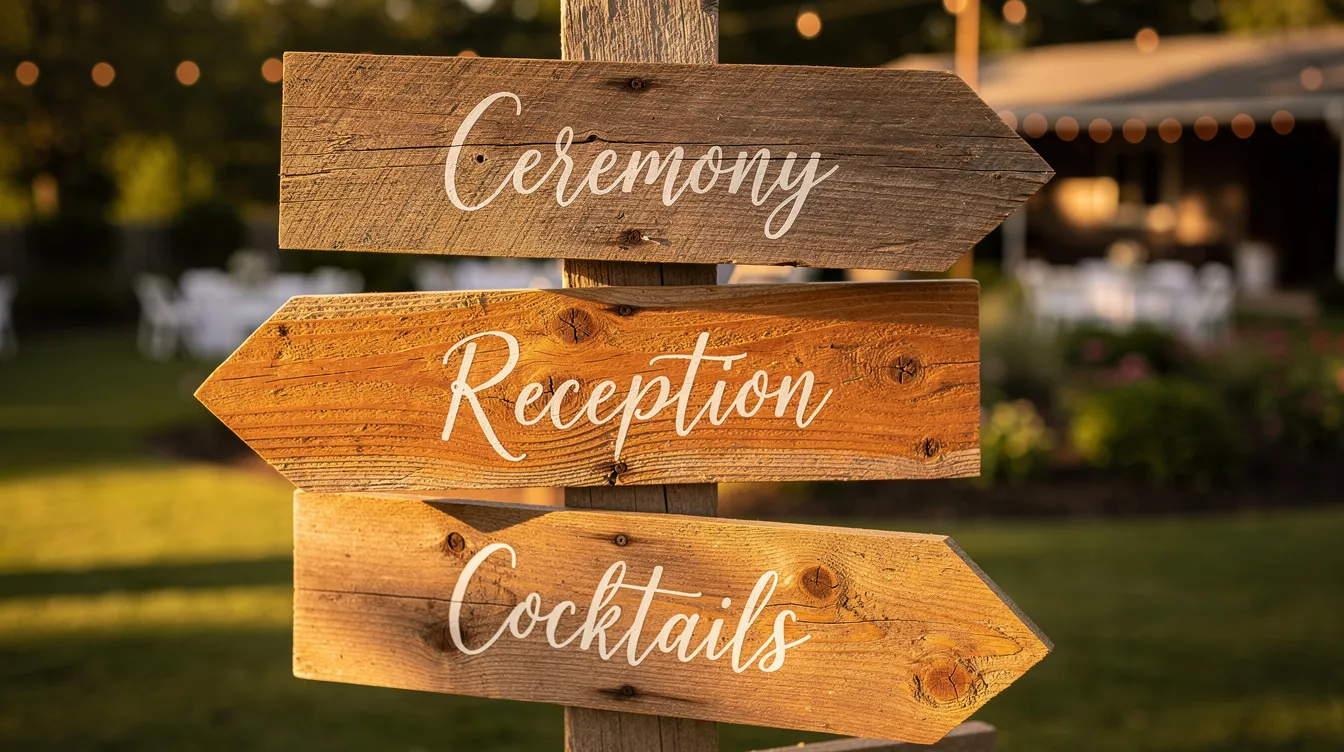 The image features rustic wooden wedding directional signs adorned with elegant white calligraphy, guiding guests to various venue areas such as the ceremony, wedding reception, and drink line. These charming signages add personal touches to the celebration, enhancing the overall atmosphere of the special day.