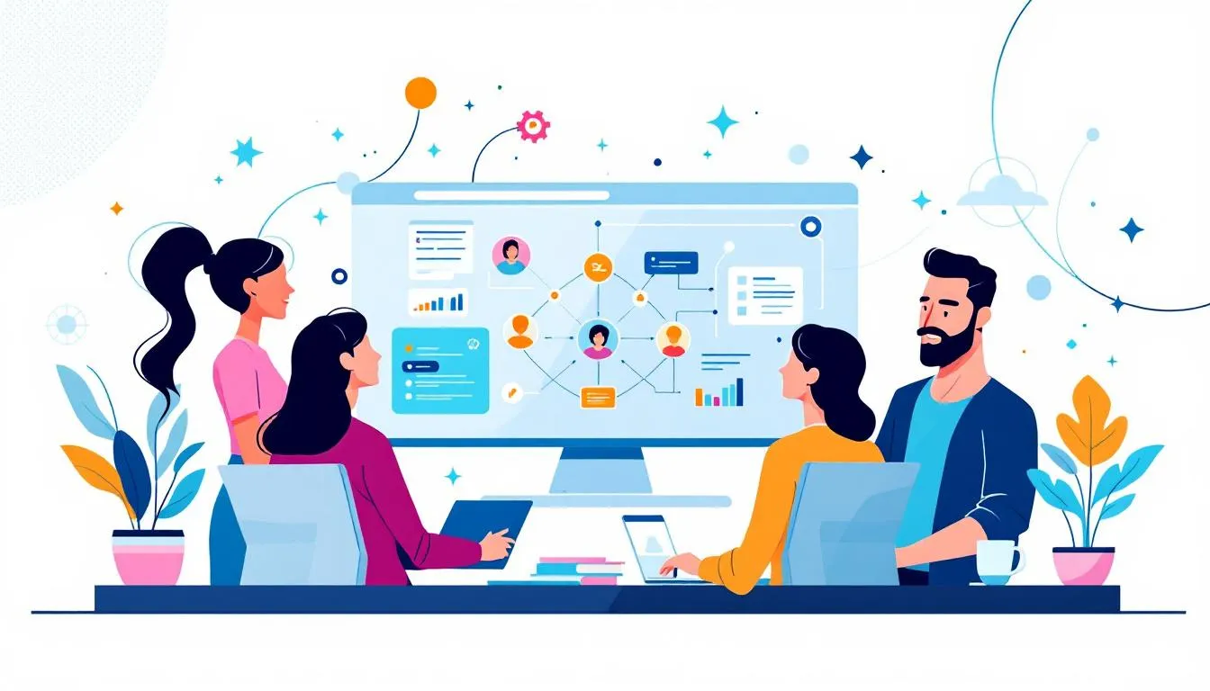 A team working together on a collaborative project, demonstrating the importance of implementing collaborative efforts.