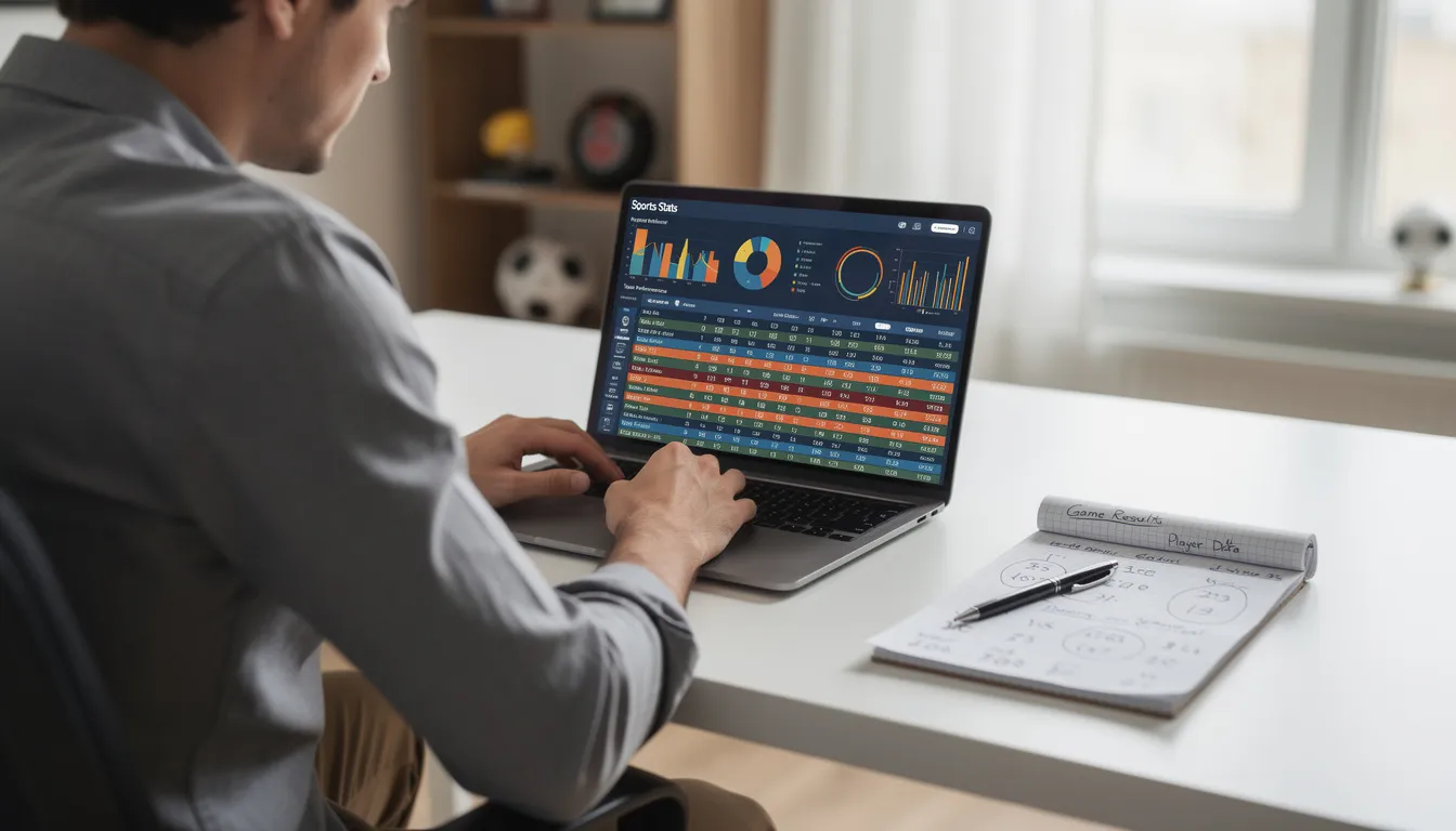 Un analista di statistiche sportive è seduto di fronte a un laptop, mentre prende appunti su un notepad vicino. Sullo schermo si possono vedere grafici e dati relativi alle scommesse sportive, evidenziando l'importanza di analizzare il mercato per scegliere i migliori siti di scommesse.