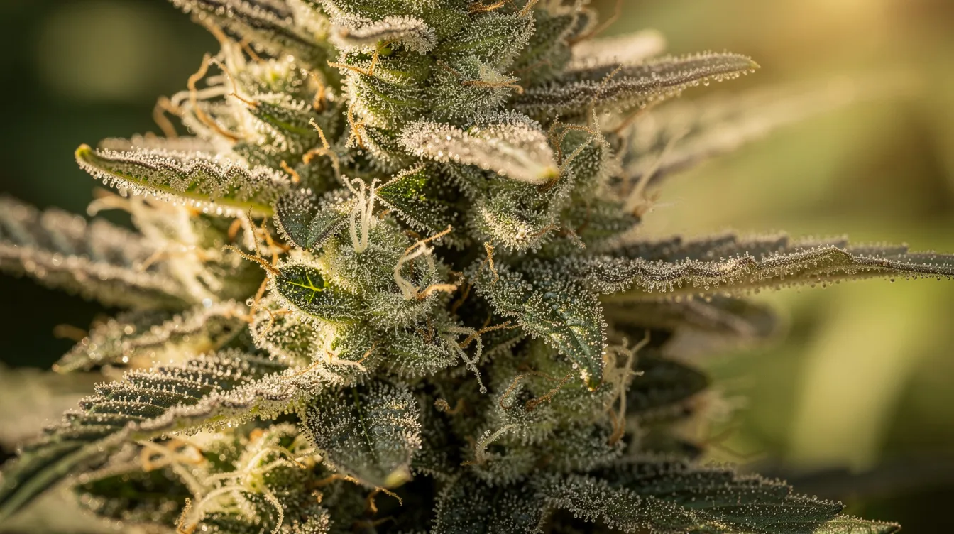 This close-up shows mature cannabis flowers whose surface is covered with a crystalline layer of trichomes. These trichomes, which can appear in various colors, are rich in cannabinoids, terpenes, and flavonoids, indicating the quality and potency of the flowers.