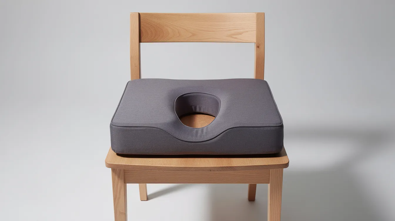 The image shows a specialized foam cushion with a cutout in the center, designed to minimize pressure on the buttocks while sitting, placed on a wooden chair. This cushion is particularly useful during the recovery phase after a Brazilian butt lift (BBL) surgery, helping to support proper sleeping positions and ensure a restful sleep.