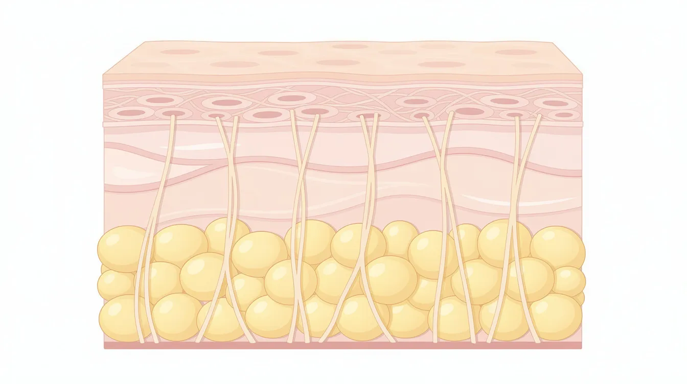 This medical-style illustration depicts the layers of skin, highlighting fat lobules and vertical fibrous bands beneath the skin's surface. It visually represents how cellulite forms in dimpled skin due to the binding of fat by connective tissue, emphasizing areas that may benefit from cellulite reduction treatments.