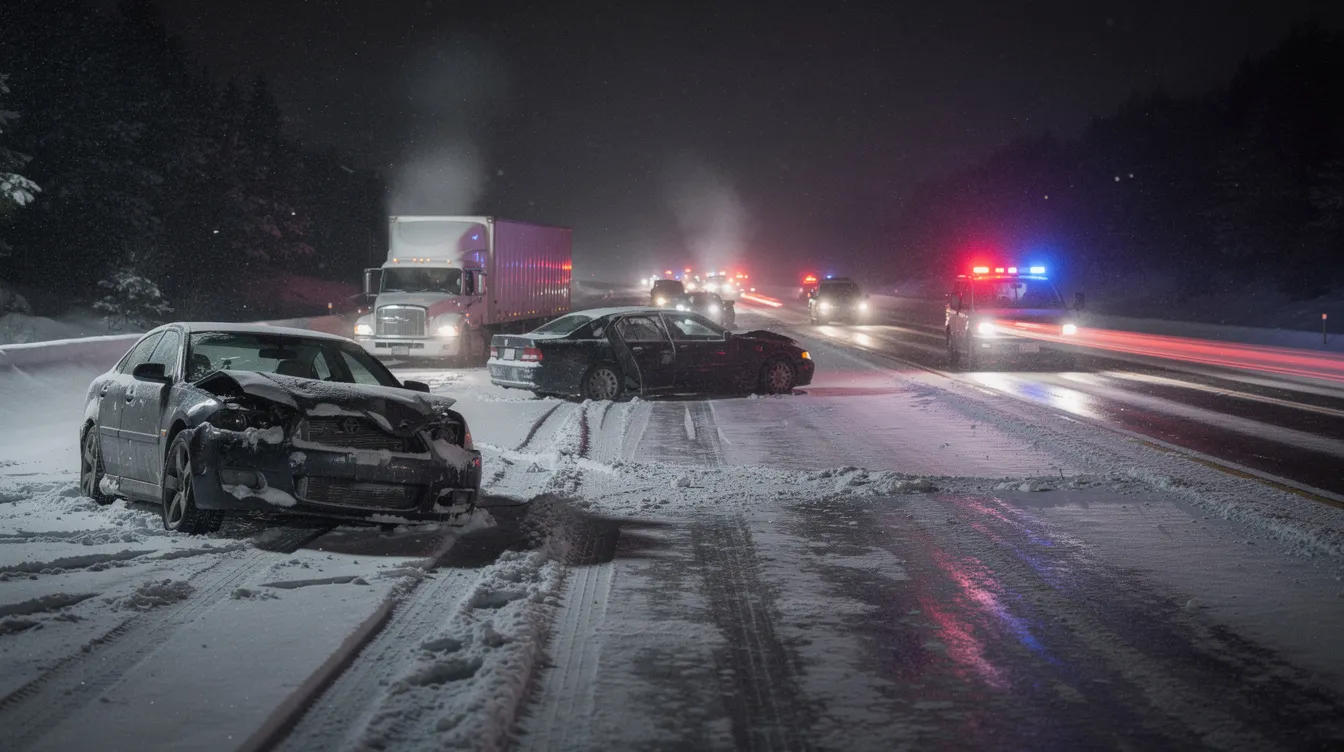 The image depicts a snowy highway scene where multiple vehicles are stopped following a multi vehicle accident, with emergency lights flashing in the distance. The accident involves three or more cars, highlighting the potential for serious injuries and the complexities of insurance claims in such multi car crashes.