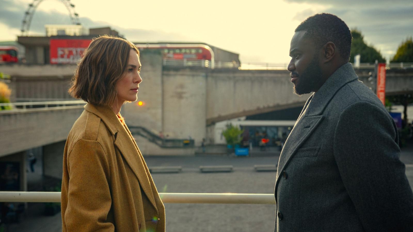 Keira Knightley as Helen Webb and Babou Ceesay as Mr Conteh in Black Doves Season 2