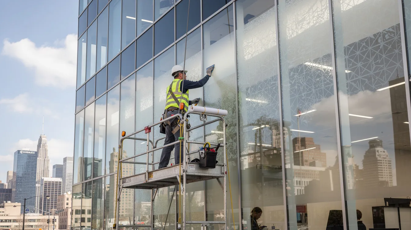 A technician is meticulously applying decorative window film to the glass facade of a large commercial office building, enhancing its aesthetic appeal while ensuring the protection of the franchise's brand presence in the defined geographic area. This installation contributes to the territory rights of the franchisee, maintaining a competitive edge within their exclusive or protected territory.