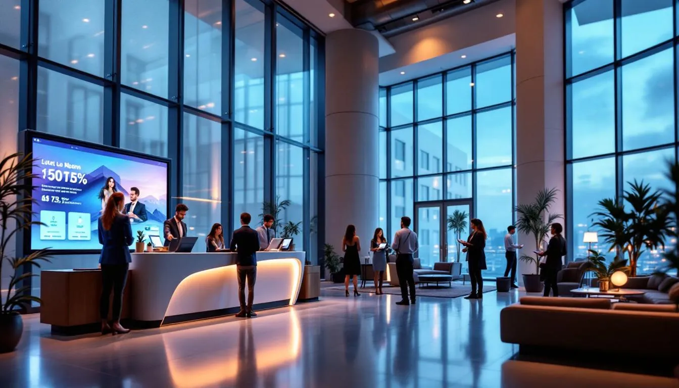 The image depicts a modern hotel lobby bustling with guests checking in, highlighting the importance of hotel operations and revenue generation. The scene reflects the financial health of the hotel industry, showcasing elements like guest satisfaction and operational efficiency that contribute to net operating profit and overall profitability.