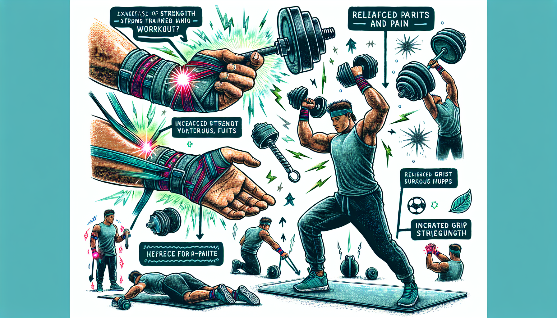 An illustration depicting the benefits of wearing wrist wraps for alleviating wrist pain during strength training.