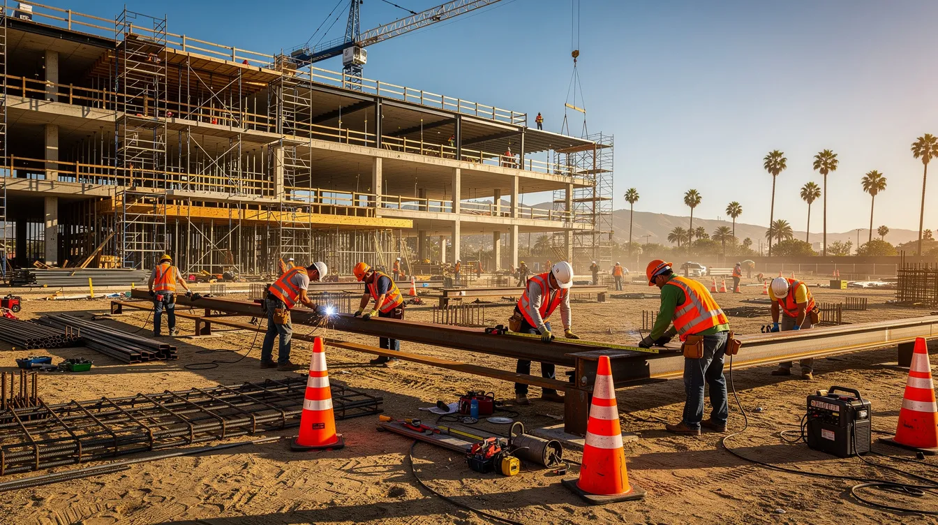 A construction crew is actively working on a large commercial building project in Southern California, ensuring compliance with prevailing wage laws and labor standards. The workers engaged in this public works project are focused on their tasks, adhering to applicable prevailing wage rates and regulations set by the California Department of Industrial Relations.