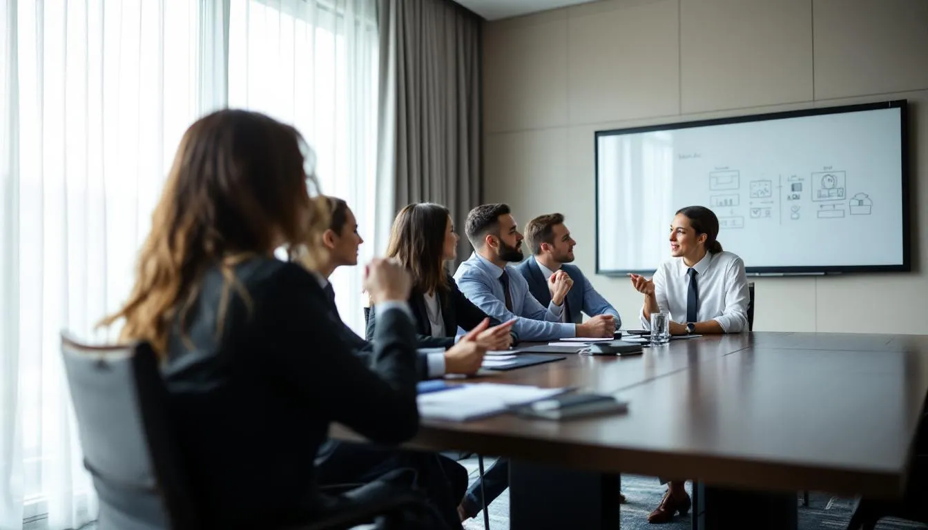 In a hotel conference room, a group of business professionals is engaged in a meeting around a large table, discussing strategies related to the hotel industry, including competitive analysis and pricing strategies to attract guests. The atmosphere is focused and collaborative, reflecting key factors for enhancing guest satisfaction and staying ahead in the competitive landscape of nearby hotels.
