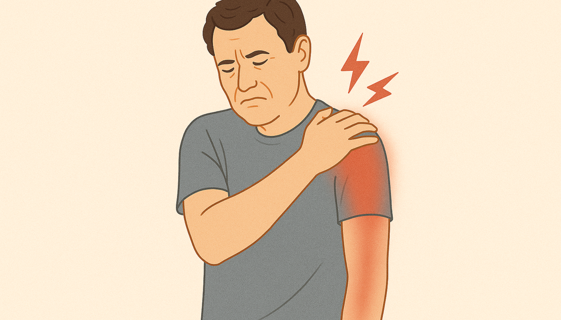 Mann med smerte i skulder og arm, holder seg på skulderen med uttrykk av ubehag og stråling nedover armen.