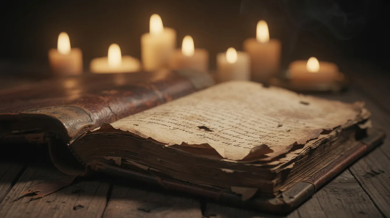 An open ancient book rests on a wooden table, illuminated by warm candlelight in the background, symbolizing the rich tradition of Christian spirituality and biblical discipleship. This serene scene invites reflection on the teachings of Jesus Christ and the call to make disciples in everyday life.