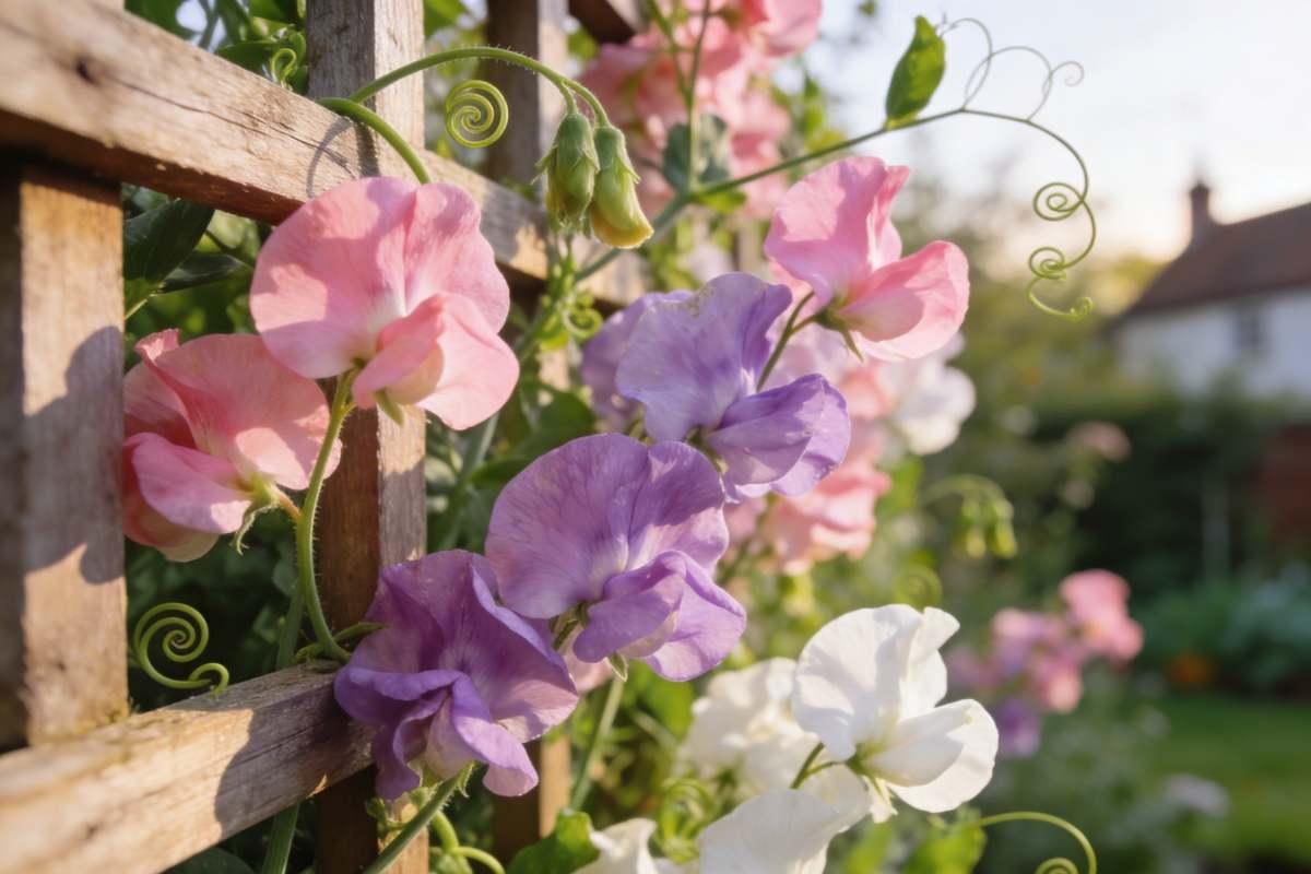 Pastel sweet peas climbing a wooden trellis in a cottage garden