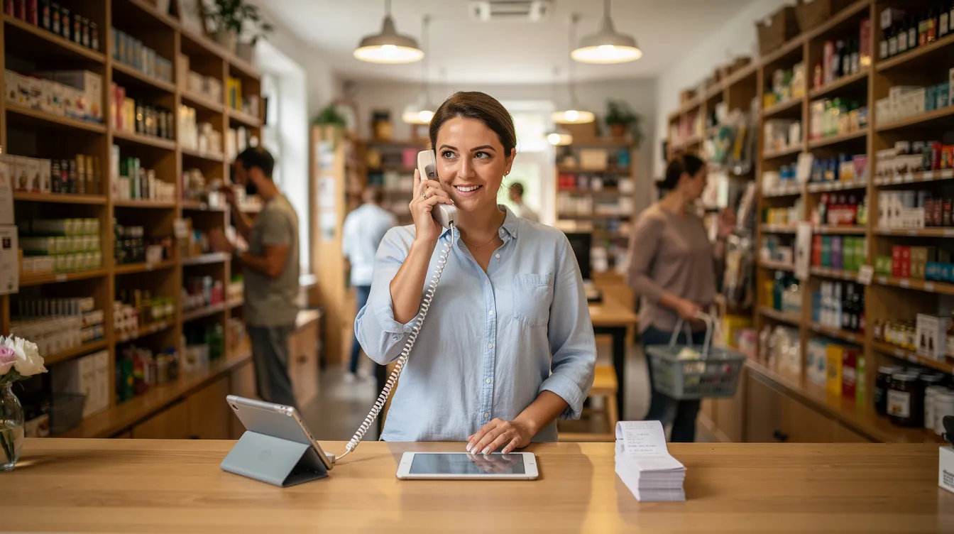 A small business owner is engaged in a phone call while standing in their shop, with customers browsing in the background. This scene captures the essence of traditional customer service in a retail environment, highlighting the importance of personal interaction amidst the hustle of daily operations.