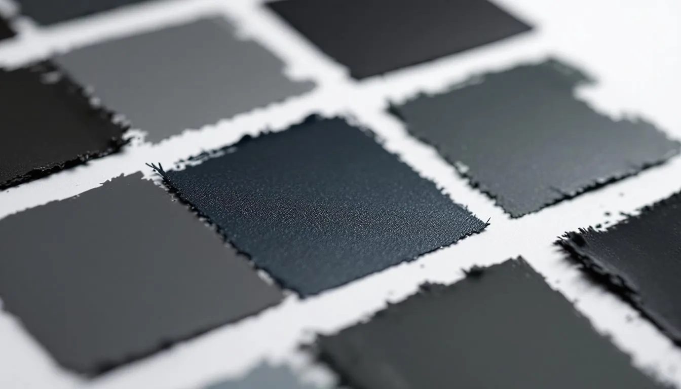 The image features a comparison of various black paint swatches, highlighting subtle differences in undertones under natural light. The swatches include popular options like Sherwin Williams Tricorn Black and Absolute Black, showcasing how each color can impact the look of spaces such as accent walls, kitchen cabinets, and doors.